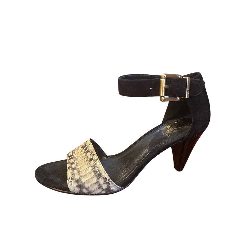 VC Signature VI-Fernanda Black Suede Ankle Strap Heels Sz 7 Snake Print Toe